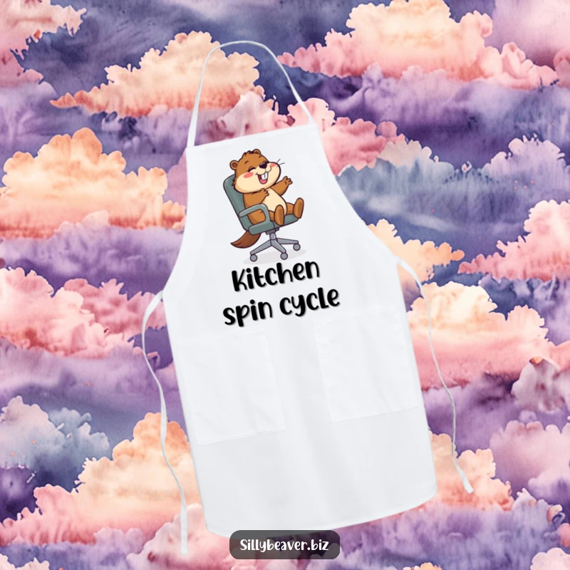 Funny Apron featuring a beaver character spinning in an office chair, designed to add humor to kitchen activities and represent energetic work.