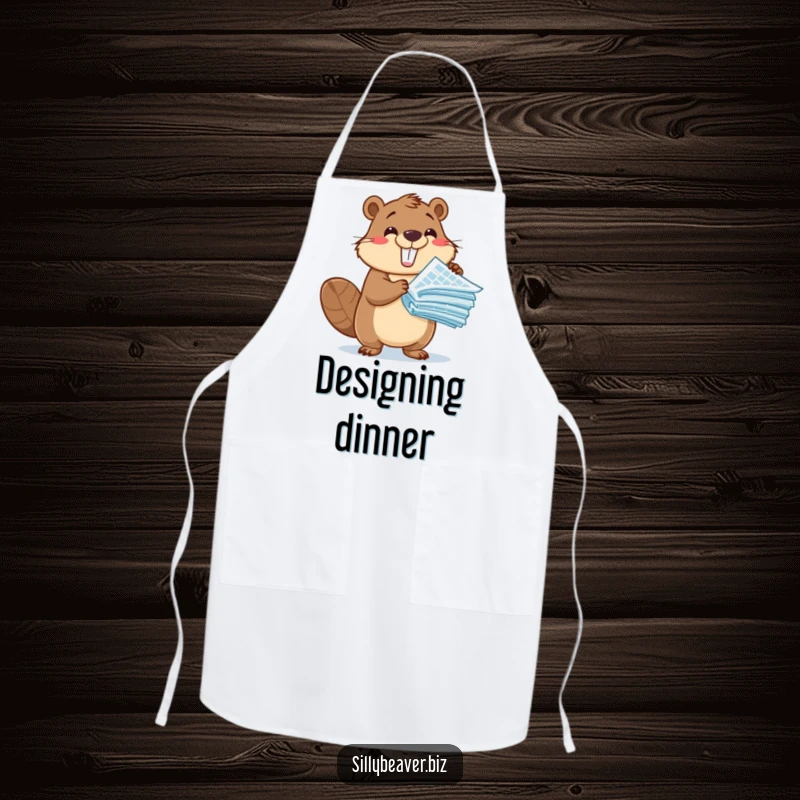 Funny Apron: An excited beaver character presents a stack of blueprints, ideal for chefs or builders who appreciate creative design.