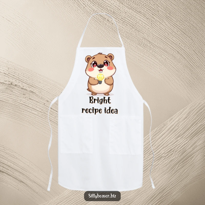 Funny apron showing a beaver holding a blinking lightbulb, perfect for cooking or crafting with a spark of genius.