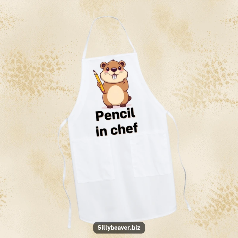 Funny Apron: A cheerful beaver with a pencil held high looks inspired, ready to cook, craft, or create art.