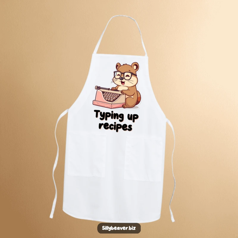 Funny Apron: A studious beaver wearing spectacles types on a typewriter, ideal for chefs or writers who enjoy humor in the kitchen.