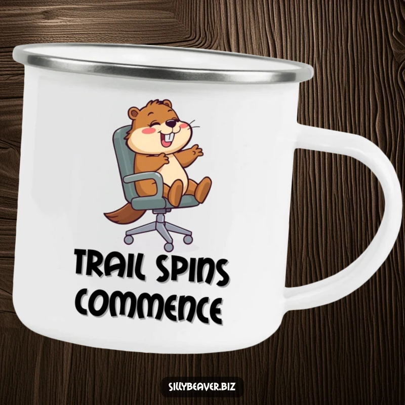 Funny Camping Mug featuring a beaver character spinning in an office chair, designed for outdoor adventures and representing enthusiastic productivity.