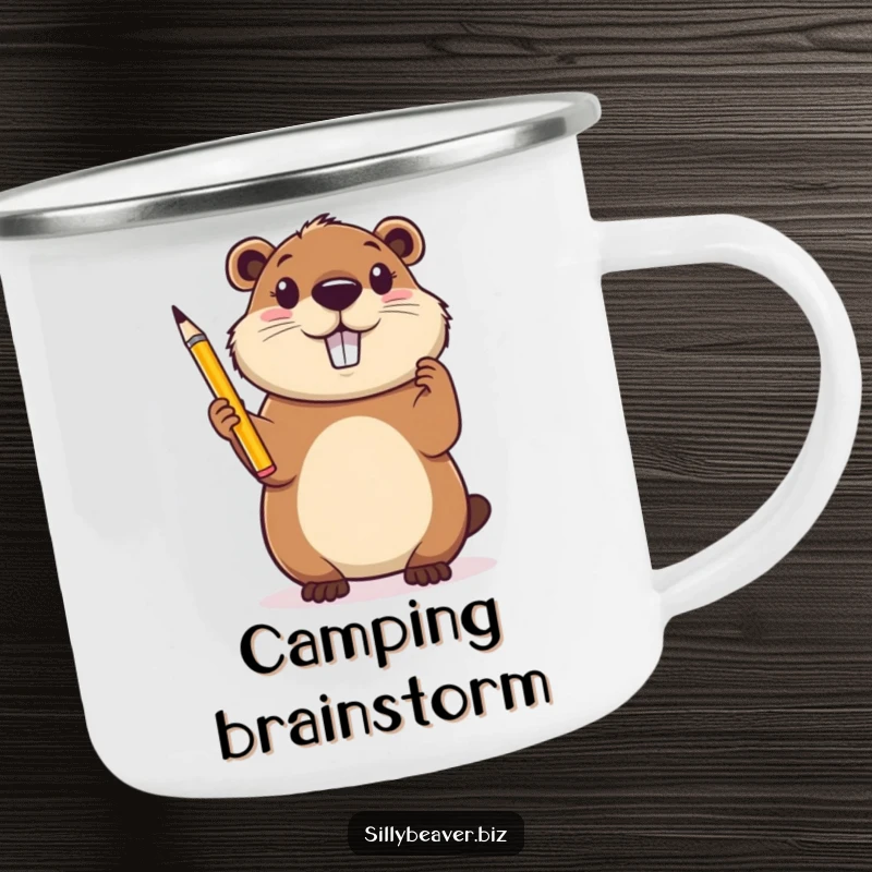 Funny Camping Mug: A cheerful beaver holds a pencil aloft, looking inspired in an outdoor setting, celebrating creativity.
