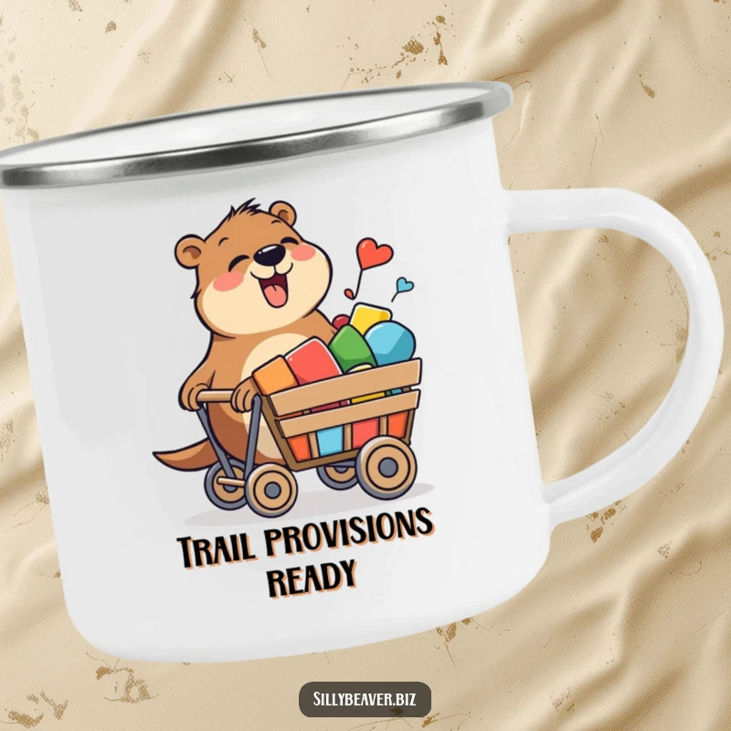 Funny camping mug with a beaver joyfully pushing a cart of colorful shapes, great for outdoor creative fun.
