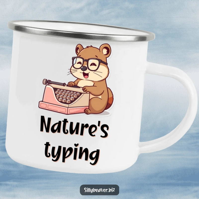 Funny Camping Mug: A beaver with spectacles types on a typewriter in an outdoor setting, celebrating creativity and adventure humorously.
