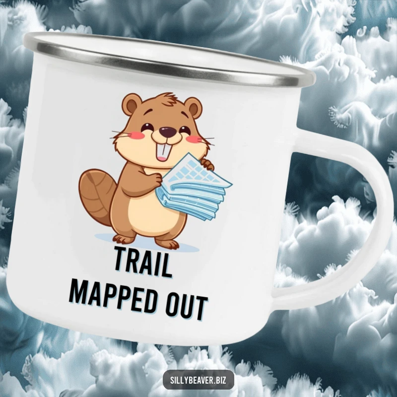 Funny Camping Mug: An enthusiastic beaver character presents blueprints amidst an outdoor setting, celebrating innovation and adventure.