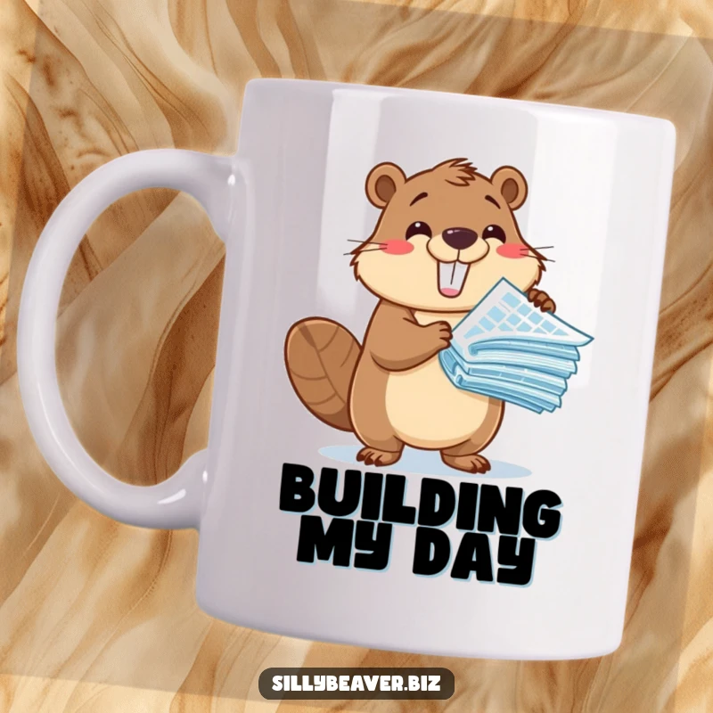 Funny Mug: An adorable beaver character excitedly presents a tall stack of blueprints, symbolizing innovation and grand ideas.