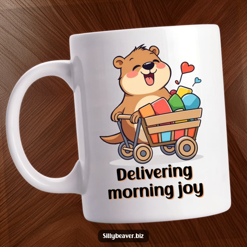 Funny mug with a beaver joyfully pushing a rolling cart filled with vibrant, stylized colorful shapes, depicting creativity.