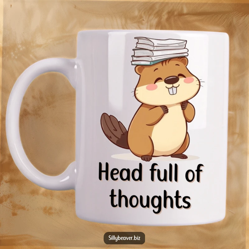 Funny mug with a beaver comically balancing a tall stack of stylized papers on its head, embodying office juggling.