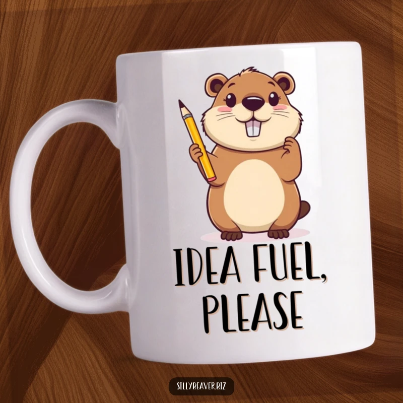 Funny Mug: A cheerful beaver holds a pencil aloft, gazing upwards with an inspired expression, ready to create.