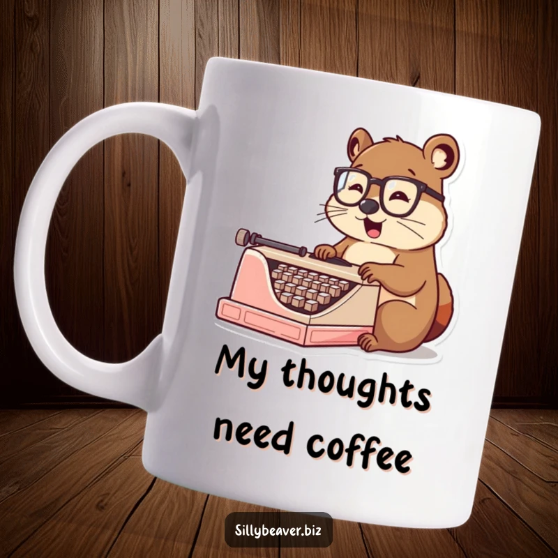 Funny Mug: Studious beaver wearing tiny spectacles, typing enthusiastically on a vintage typewriter, embodying literary passion and humor.