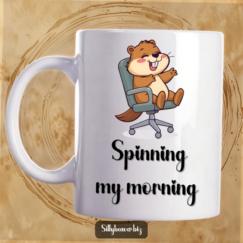 Funny Mug featuring a beaver character gleefully spinning in a large office chair, representing joyful productivity and a love for office antics.