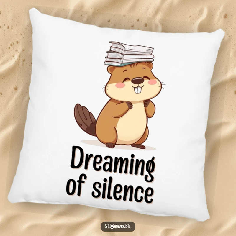 Funny pillow with a beaver comically balancing a stack of papers on its head, offering comfort and a humorous theme.