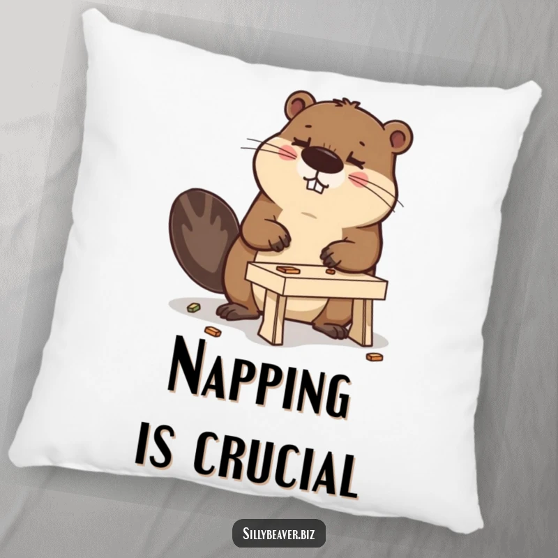 Funny pillow with a determined beaver working on a miniature desk, offering comfort and a splash of humorous DIY spirit.