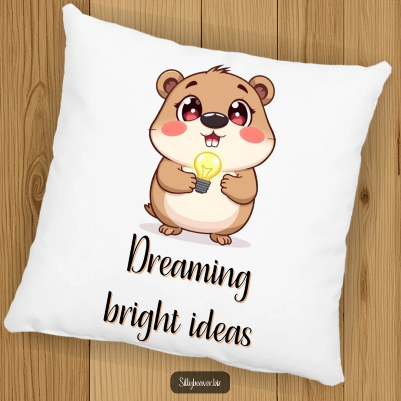 Funny pillow with a beaver holding a blinking lightbulb, representing bright ideas; perfect for comfort and decor.