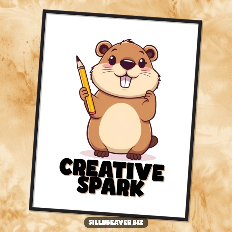 Funny Digital Art Print: A cheerful beaver holds a pencil aloft, looking inspired, perfect for capturing artistic energy and humor.