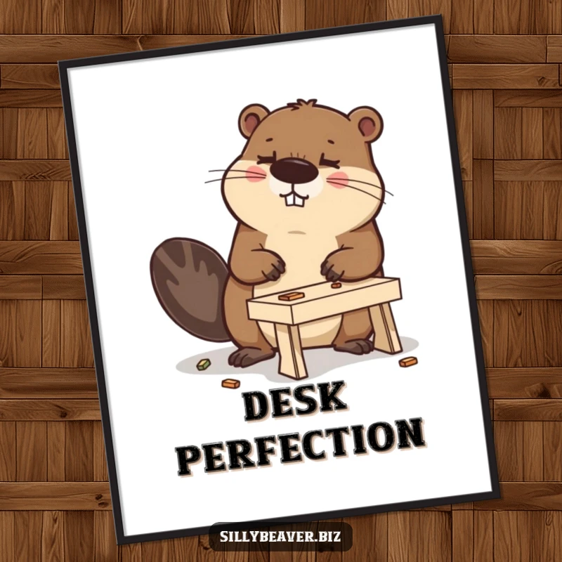 Funny digital art print of a determined beaver focused on building a miniature desk, offering a humorous artistic statement.