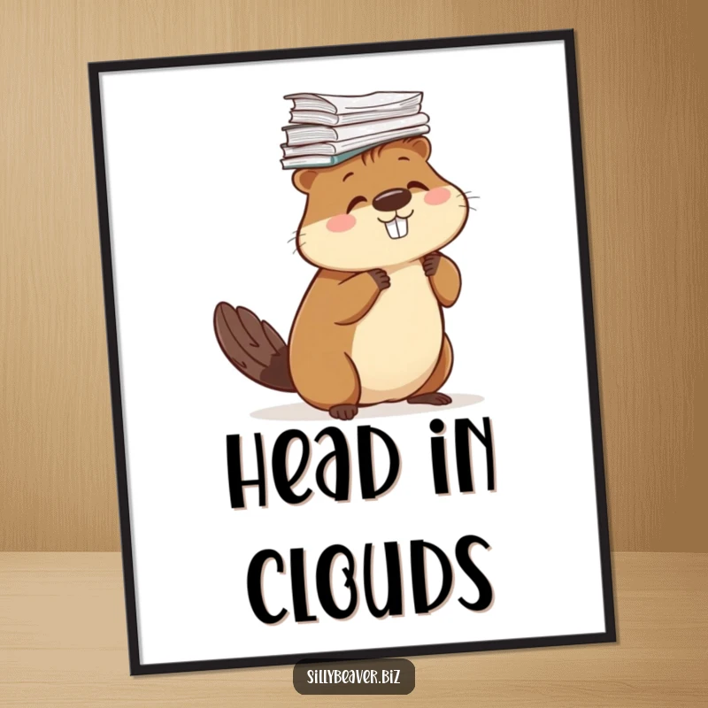 Funny digital art print of a beaver comically balancing a stack of papers on its head, offering surreal humor.