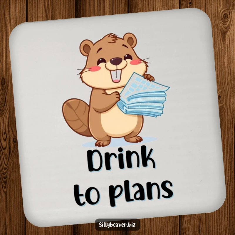 Funny Coaster: A cute beaver character excitedly presents blueprints, adding a touch of architectural humor and surface protection.