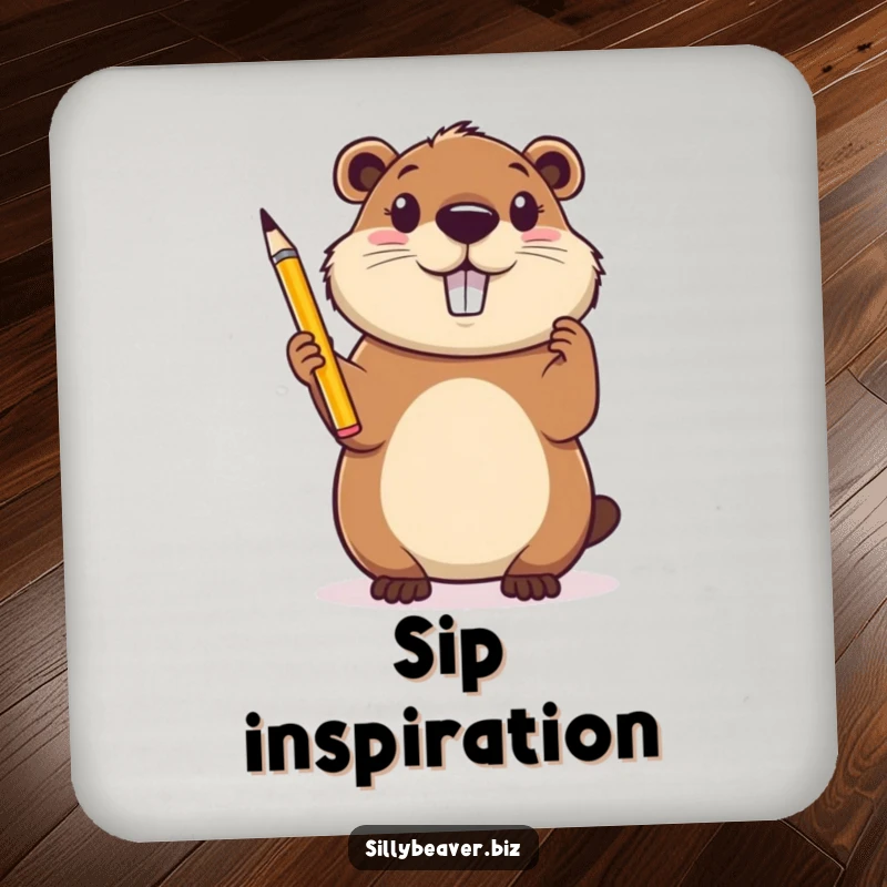 Funny Coaster: A cheerful beaver holds a pencil aloft, looking inspired, perfect for protecting surfaces with artistic humor.