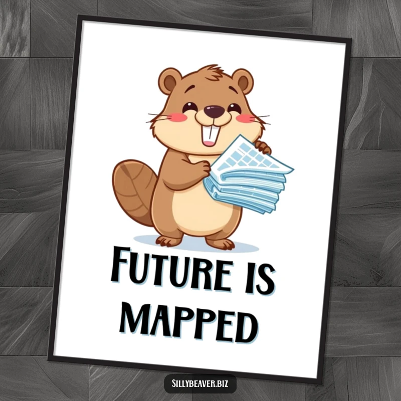 Funny Poster: A cheerful beaver character excitedly presents a large stack of blueprints, highlighting creativity and architectural aspirations.