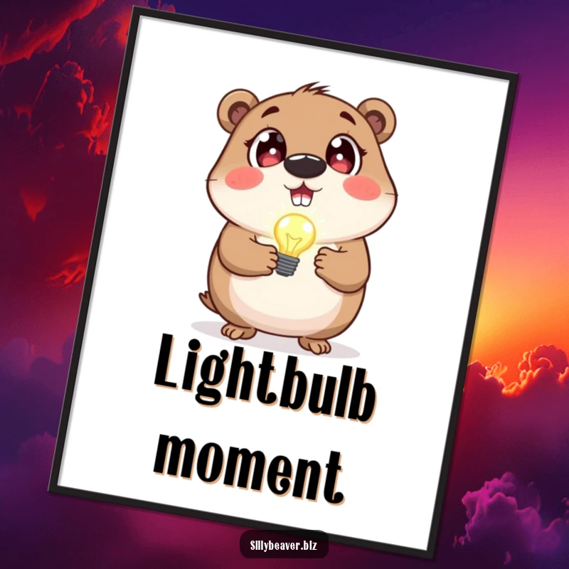 Funny poster art of a beaver with excited eyes holding a blinking lightbulb, symbolizing a moment of inspiration.