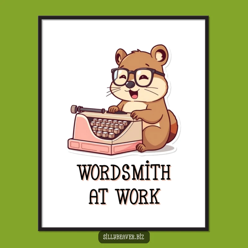 Funny Beaver Typist Poster: Whimsical Spectacled Beaver Art Print, Unique Decor