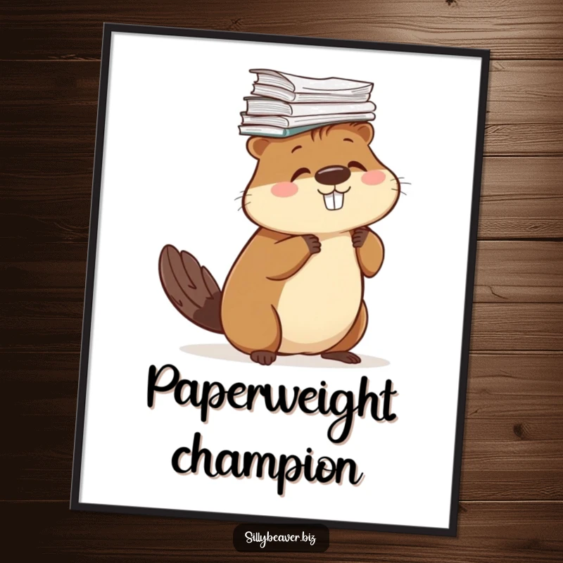 Funny poster art of a beaver comically balancing a tall stack of stylized papers on its head, adding surreal humor.
