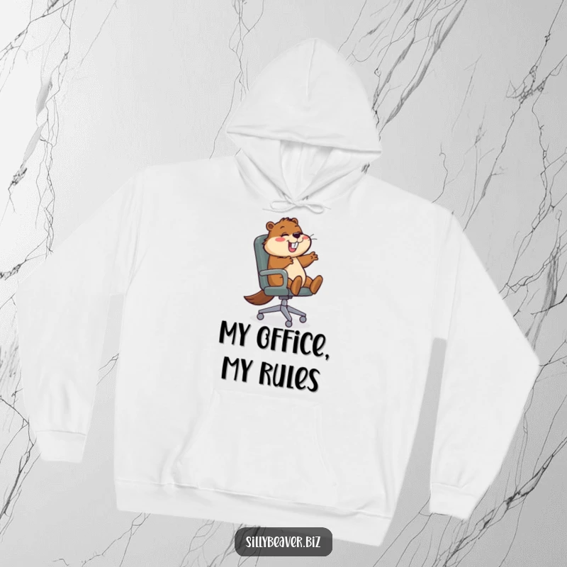 Funny Hoodie featuring a beaver character spinning in an office chair, providing warmth and a humorous representation of work-life balance and fun.