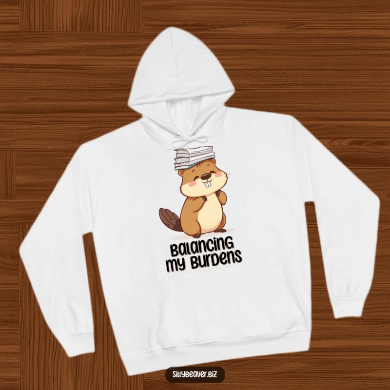 Funny hoodie featuring a beaver comically balancing a stack of papers on its head, symbolizing juggling responsibilities.