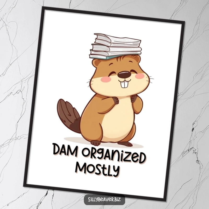 Funny Free Printable Wall Art: Beaver comically balancing an enormous stack of papers on its head.