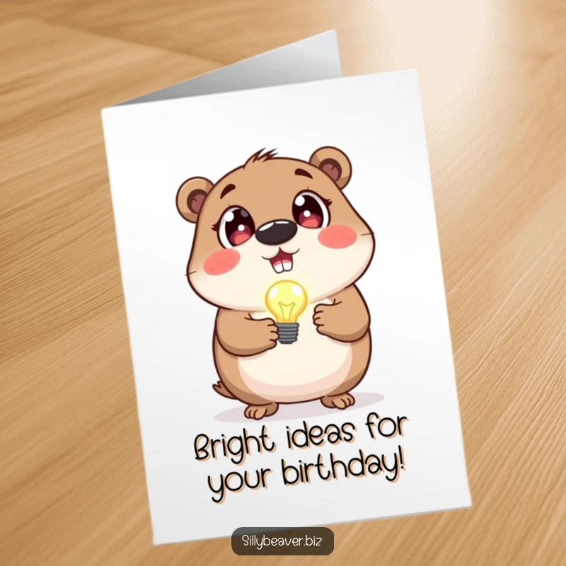 Funny Free Printable Birthday Card: Beaver with wide, excited eyes holds a tiny, blinking lightbulb.