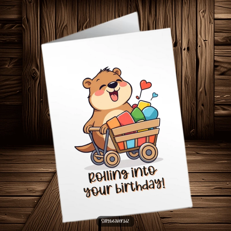 Funny Free Printable Birthday Card: Beaver gleefully pushing a cart full of colorful shapes.