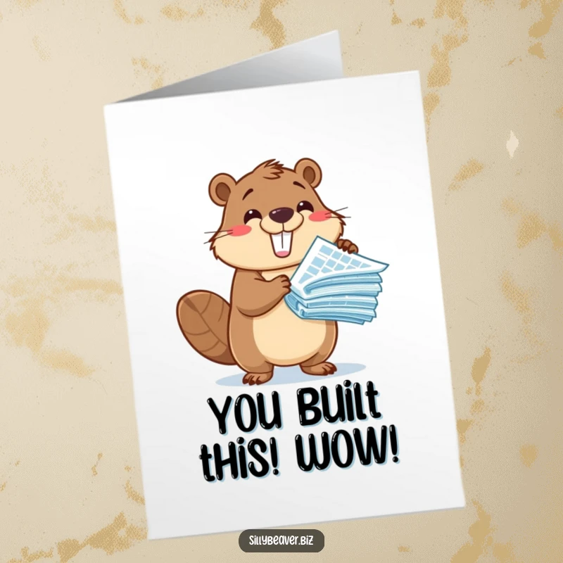 Funny Free Printable Congrats Card: Beaver holding blueprints, celebrating project completion with joy