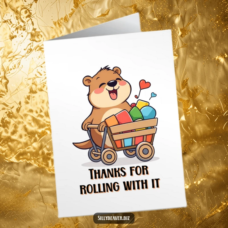 Funny Free Printable Thank You Card: Beaver happily pushing a cart filled with bright shapes.