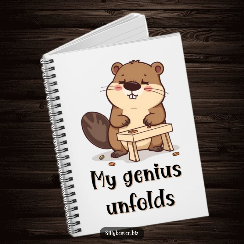 Funny notebook with a determined beaver working on a miniature desk, perfect for capturing ideas with a humorous touch.