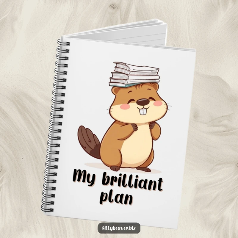 Funny notebook with a beaver balancing a stack of papers on its head, ideal for jotting down notes humorously.