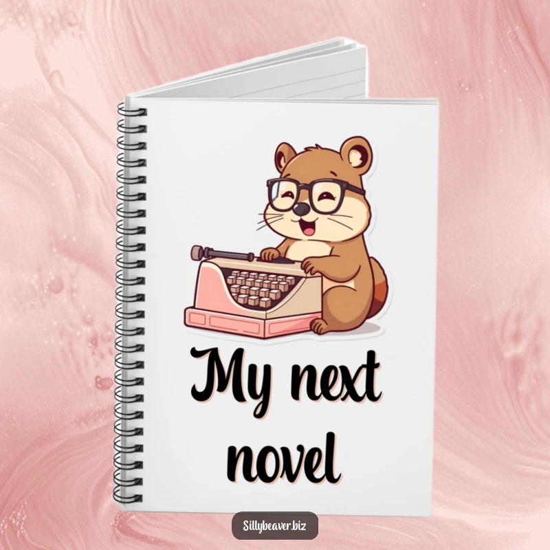 Funny Notebook: A beaver in tiny spectacles enthusiastically types on a vintage typewriter, perfect for journaling creative thoughts and witty remarks.