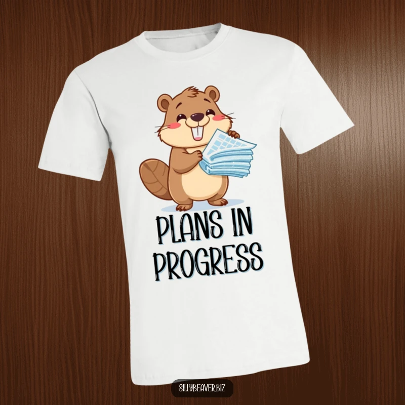Funny T-Shirt: A cute beaver character enthusiastically holds up a stack of blueprints, ready to share ambitious building plans.