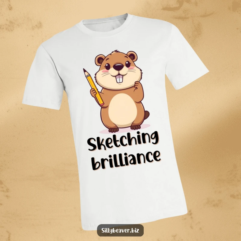 Funny T-Shirt: A cheerful beaver holds a pencil high, looking inspired and ready to draw, write, or design.