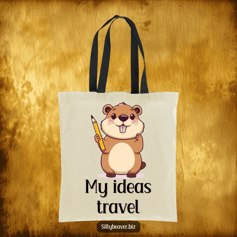 Funny Tote Bag: A cheerful beaver holds a pencil aloft, looking inspired and ready to capture brilliant ideas.