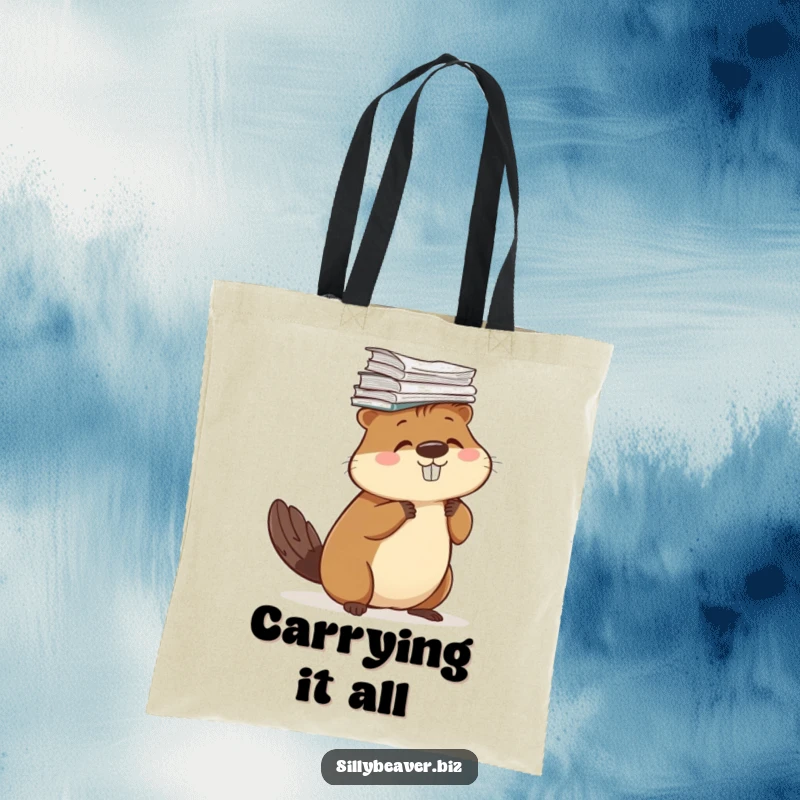 Funny tote bag with a beaver balancing a stack of papers on its head, perfect for carrying essentials humorously.