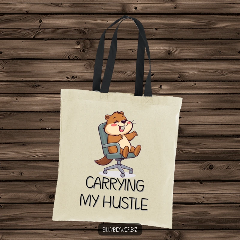 Funny Tote Bag depicting a beaver gleefully spinning in an office chair, ideal for carrying daily essentials with a humorous and energetic flair.